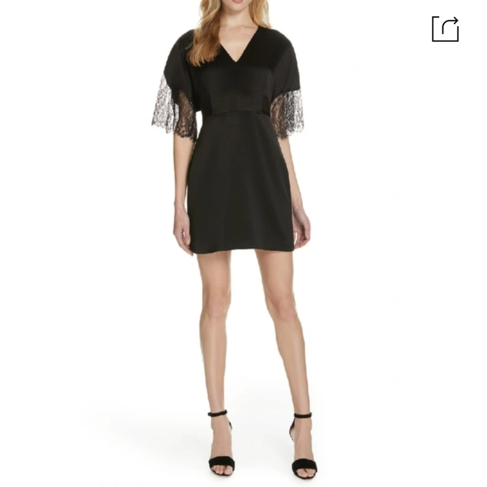 Tanya Taylor Kyra Black Satin Mini Dress Lace Sleeves V Neck Cocktail Party
